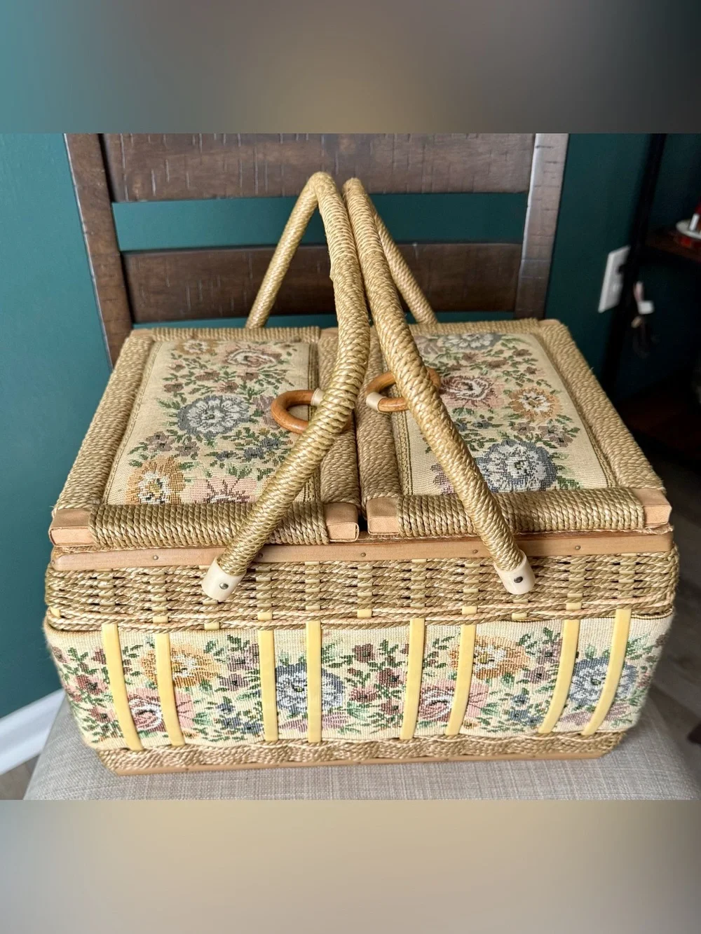 Vintage AZAR Woven Wicker Sewing Basket with Floral Tapestry